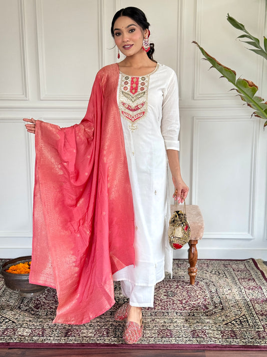 Embroidered Viscose blend Fabric Straight Kurta, Pant and Dupatta Set