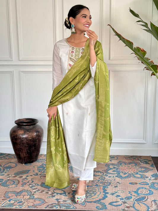 Embroidered Viscose blend Fabric Straight Kurta, Pant and Dupatta Set