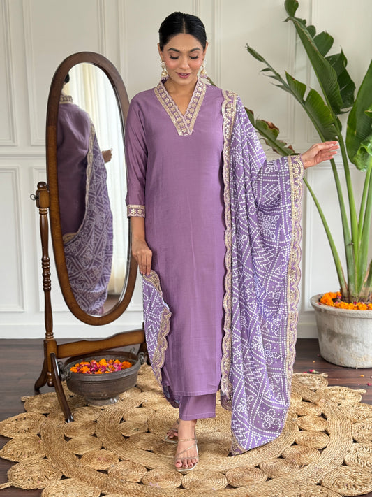 Viscose Silk Fabric work Straight cut Kurta, Pant and Dupatta Set