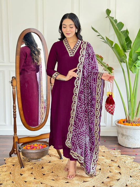 Viscose Silk Fabric work Straight cut Kurta, Pant and Dupatta Set