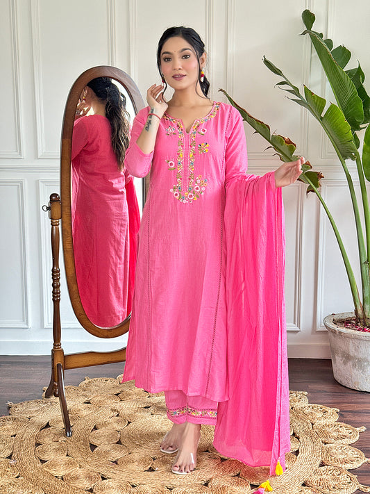 Pink Thread Work Viscose Fabric Straight Kurta, Pant and Dupatta Set