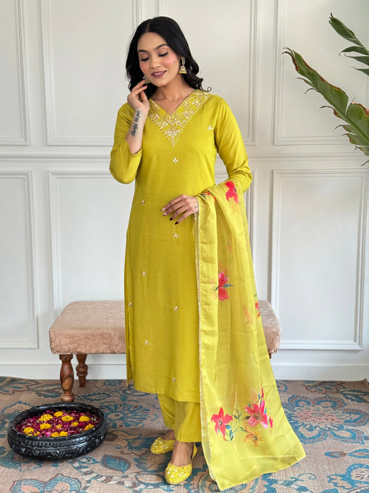 Yellow Embroidered Rayon Slub Fabric Straight Kurta, Pant and Dupatta Set