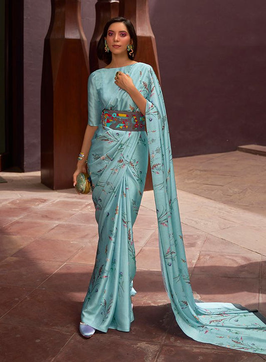 Aqua Blue Floral Print Ethnic Sarees