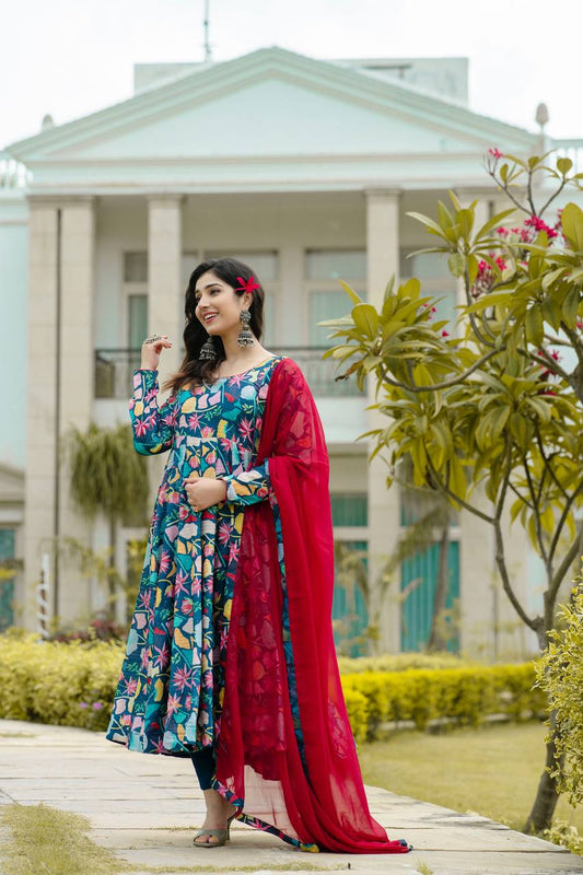 Blue Floral Anarkali Kurta Set