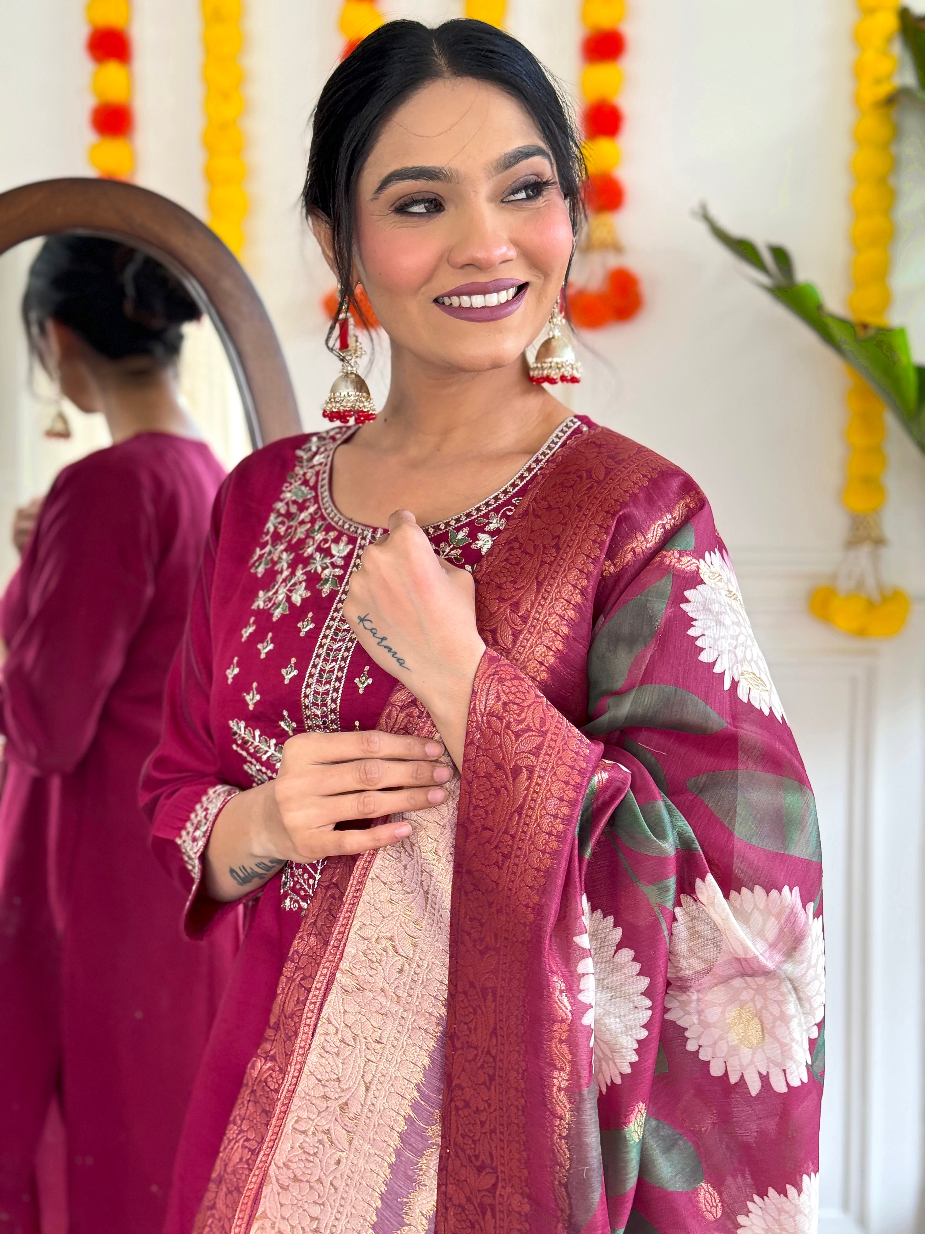 Pink Viscose Chanderi Jacquard Print Kurta