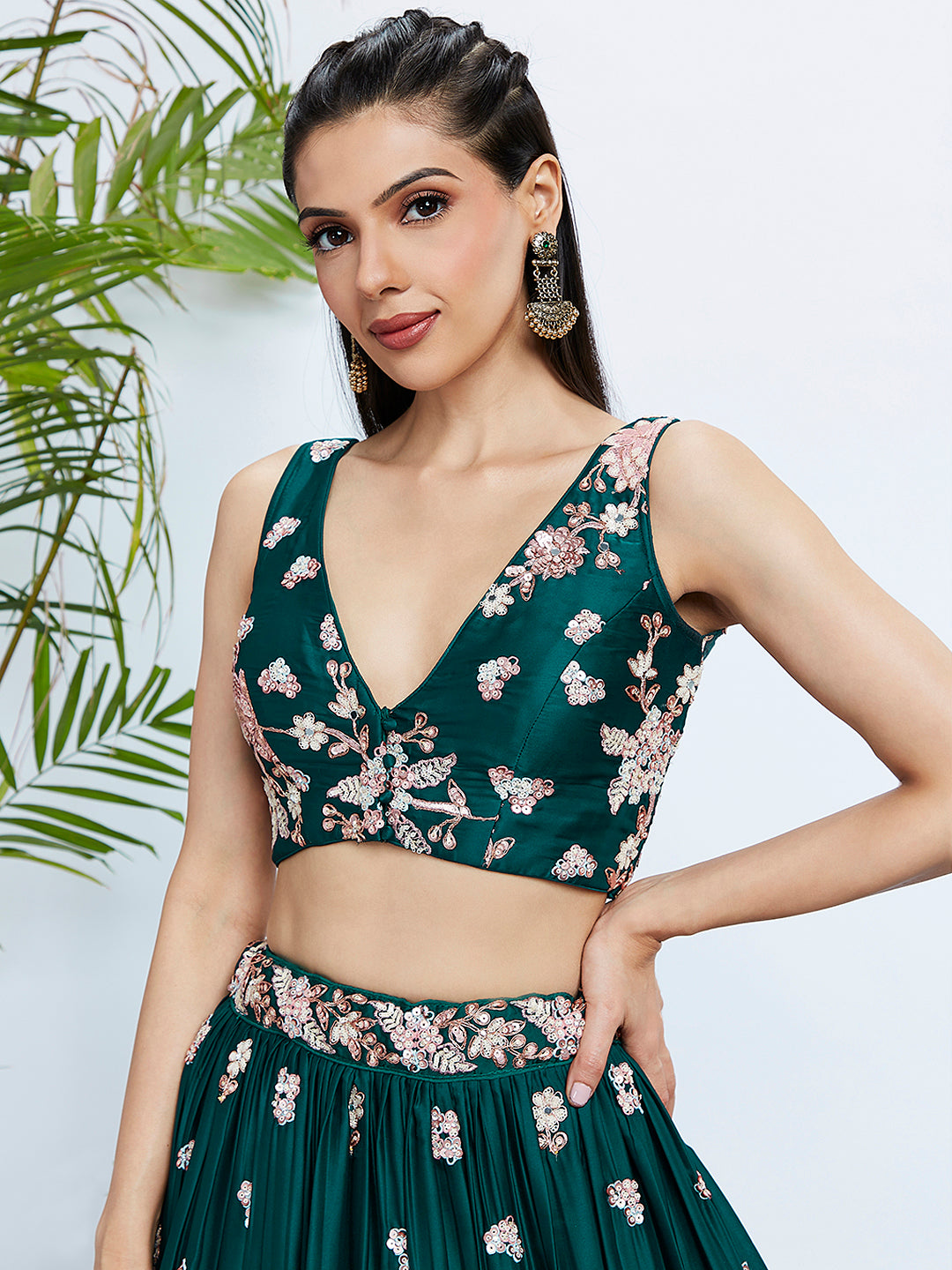 Green Pure Georgette Sequins and thread embroidery Lehenga Set