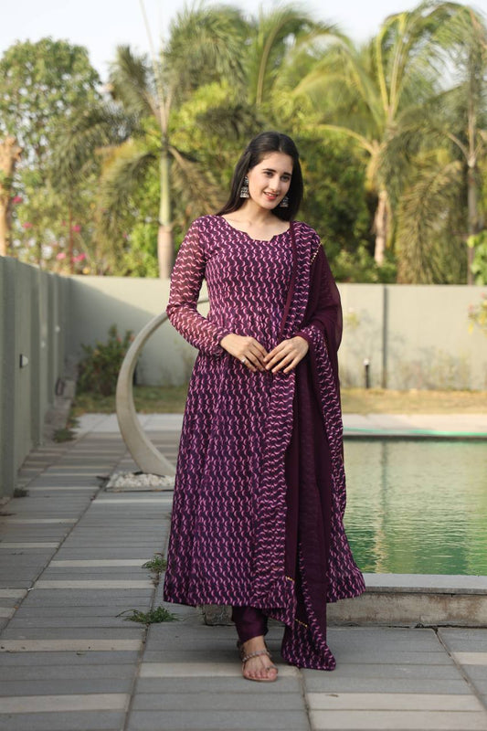 Purple Printed Anarkali Kurta set