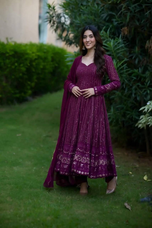 Dark Purple Embroidered Anarkali Kurta Set