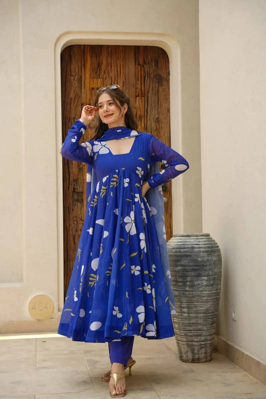 Blue Printed Anarkali Kurta Set