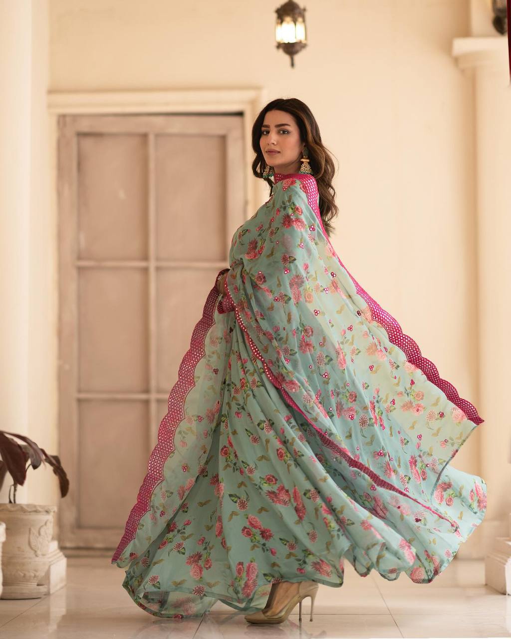 Light Blue Floral Printed Anarkali Kurta Set
