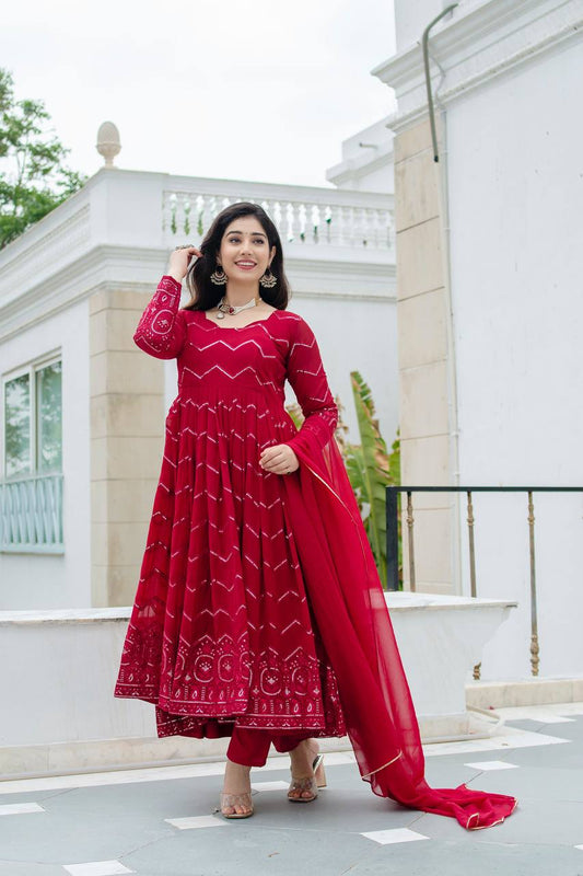 Maroon Tonal Embroidered Anarkali Kurta Set