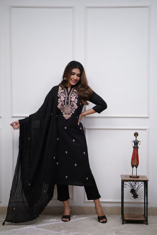 Black Embroidered Straight Kurta Set