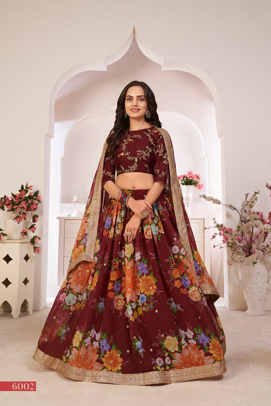 Maroon Printed Lehenga with Embroidered Blouse