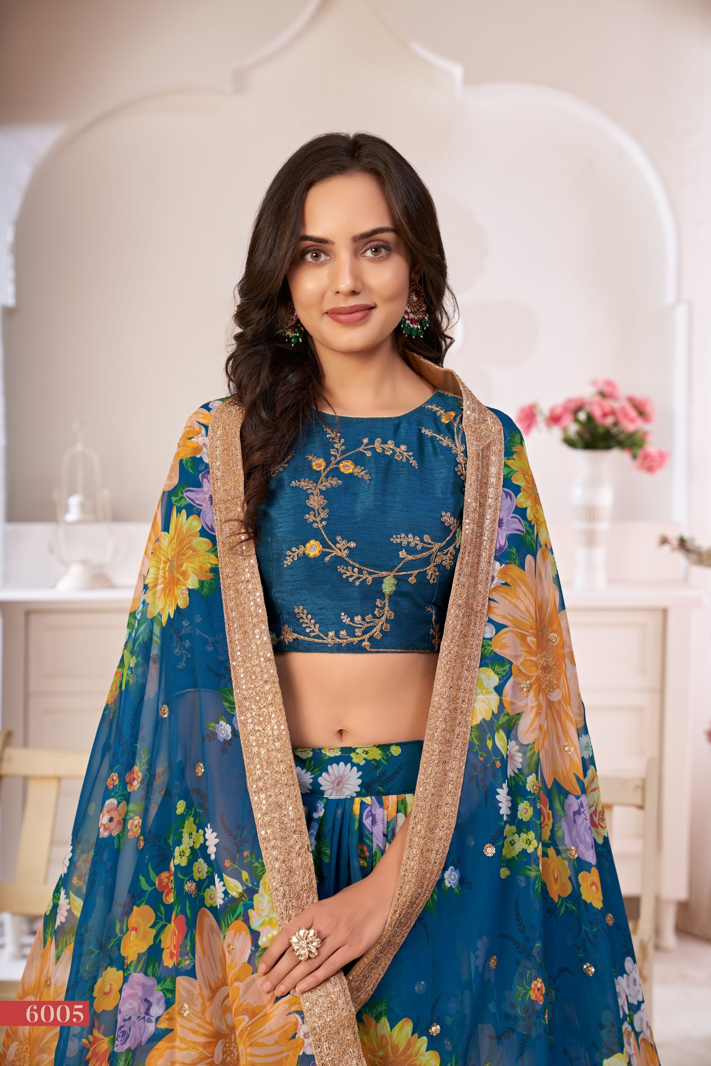 Teal Printed Lehenga with Embroidered Blouse