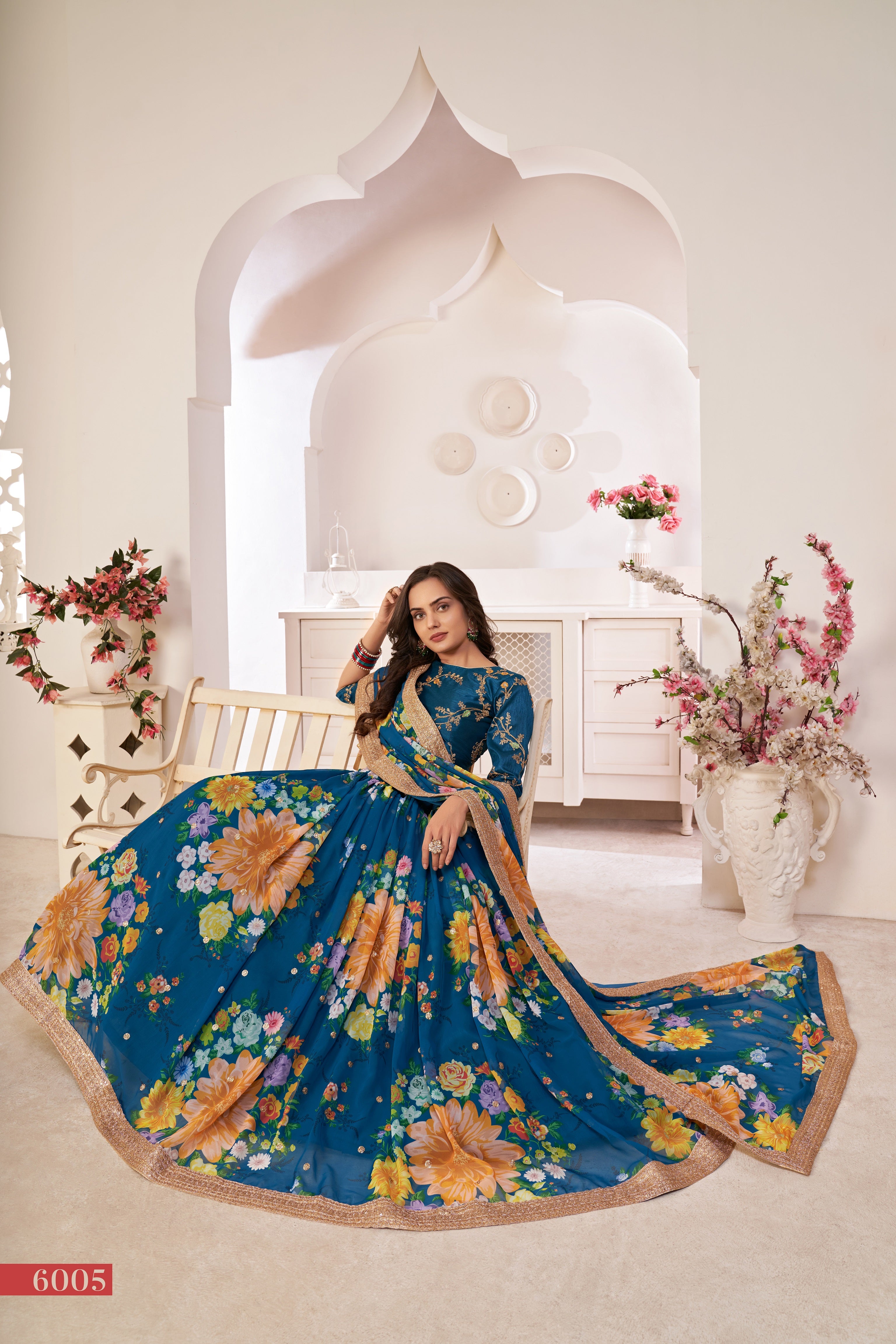 Teal Printed Lehenga with Embroidered Blouse
