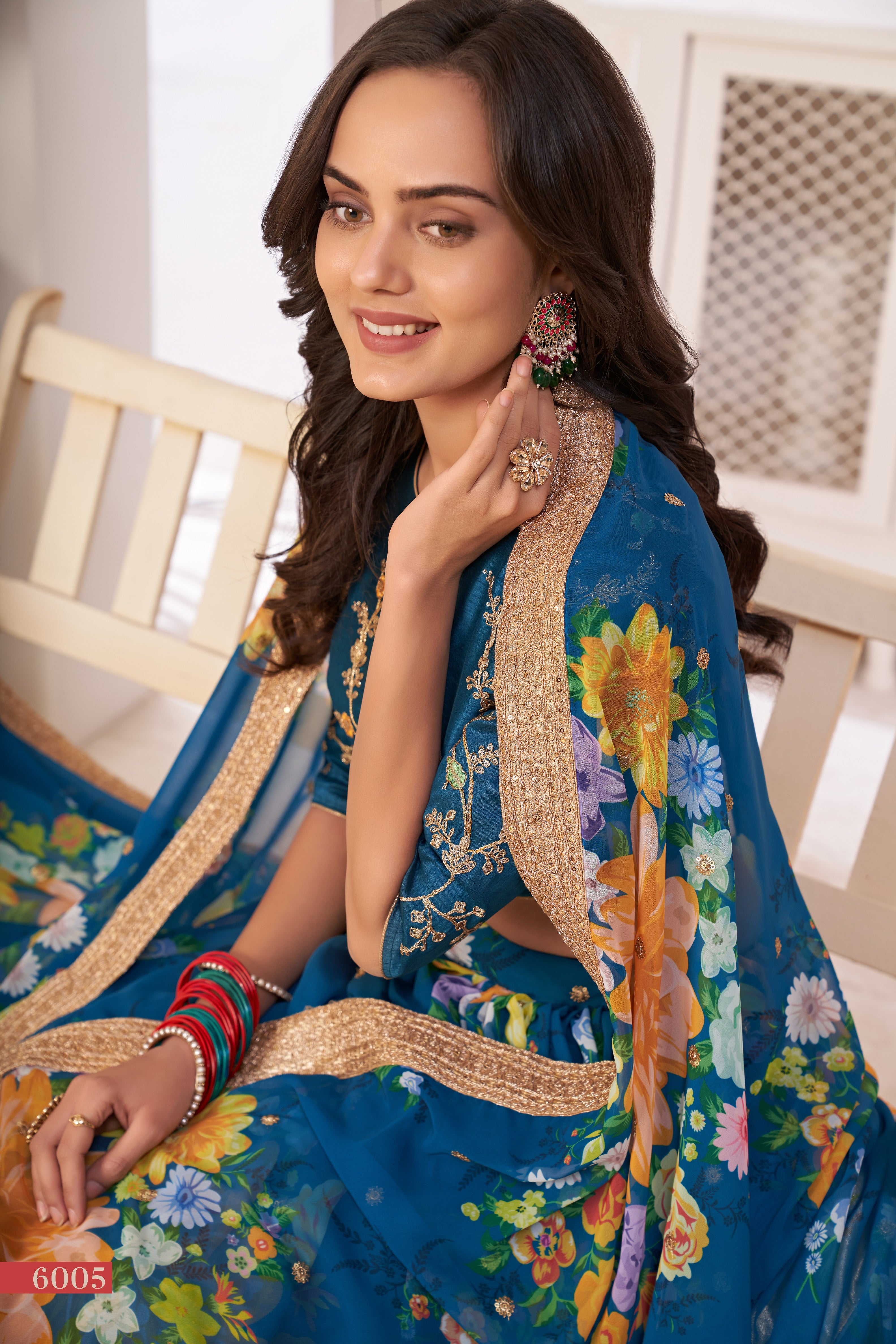 Teal Printed Lehenga with Embroidered Blouse
