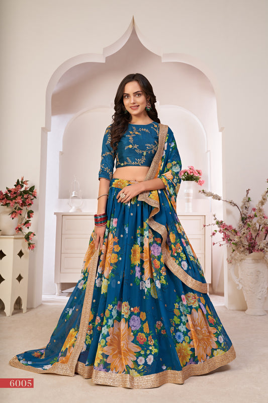 Teal Printed Lehenga with Embroidered Blouse