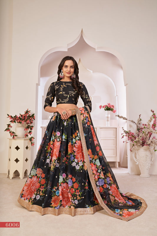 Black Printed Lehenga with Embroidered Blouse