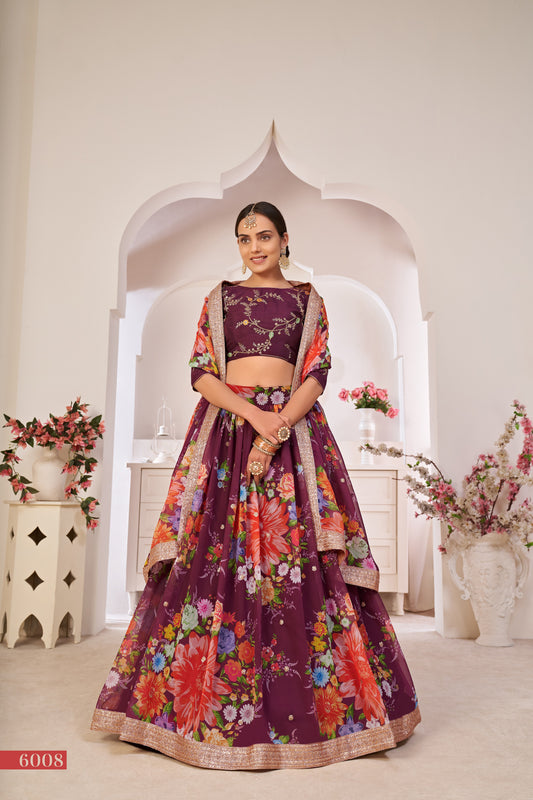 Wine Printed Lehenga with Embroidered Blouse