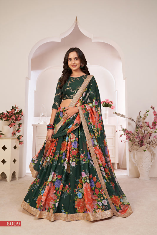 Green Printed Lehenga with Embroidered Blouse