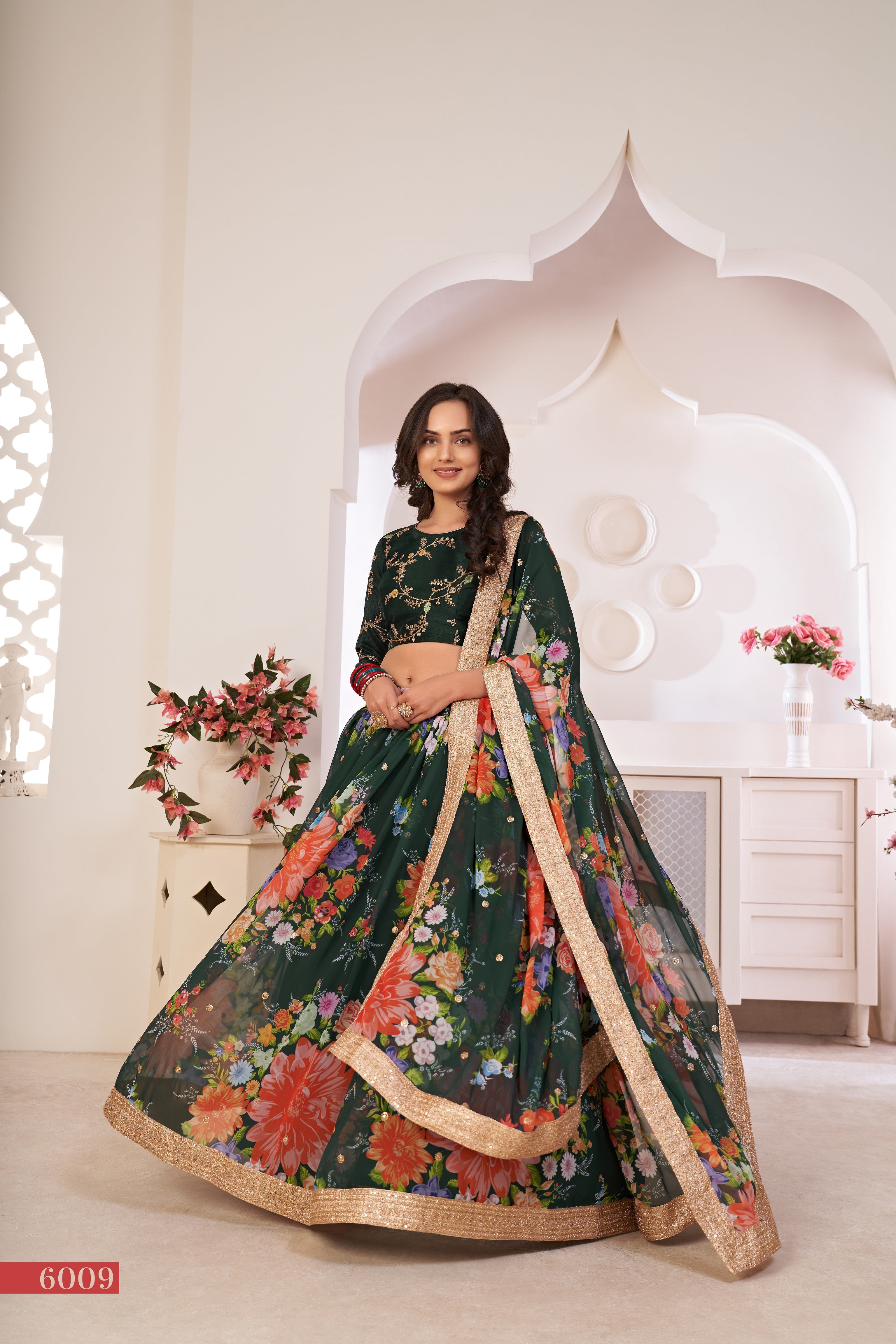 Green Printed Lehenga with Embroidered Blouse