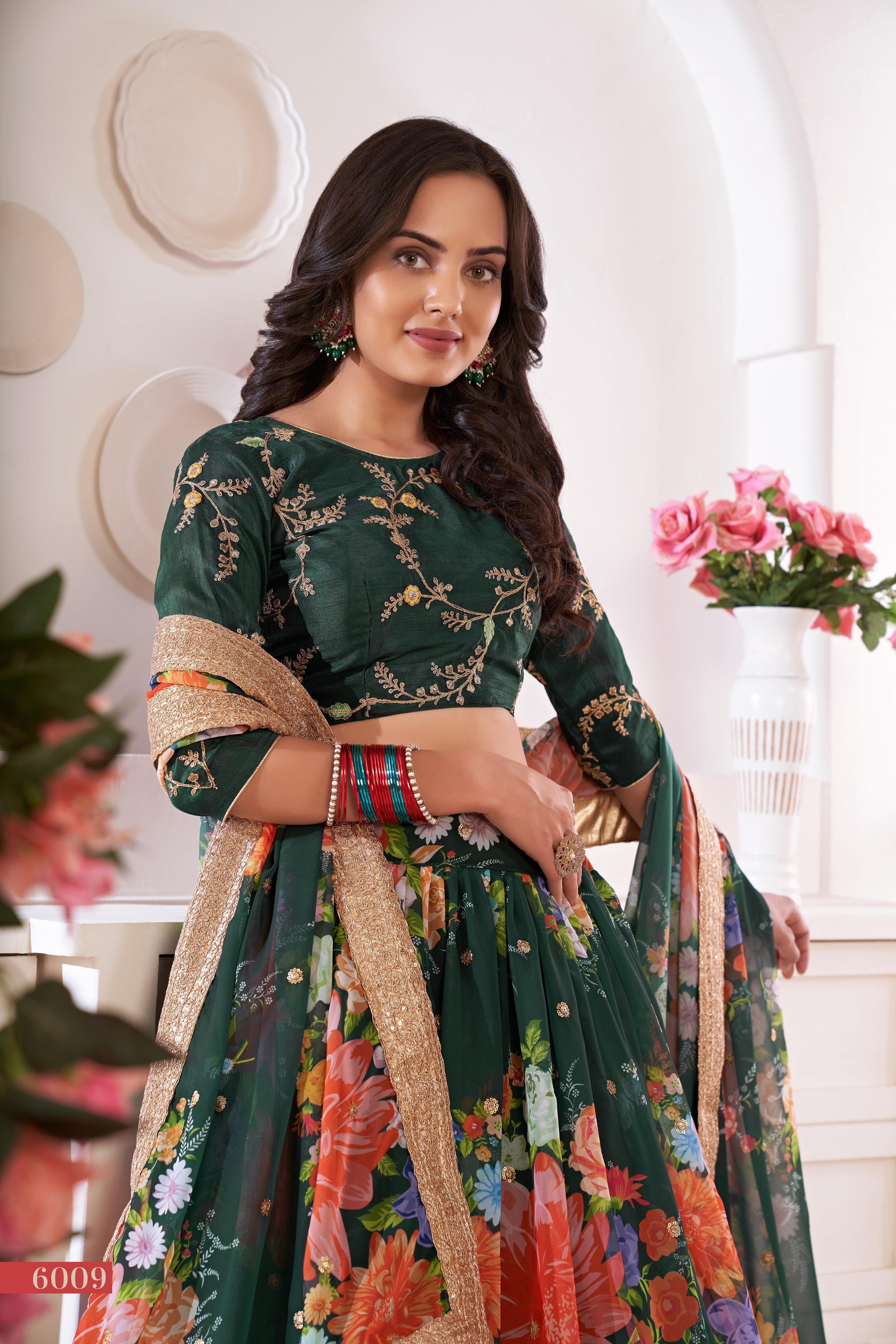 Green Printed Lehenga with Embroidered Blouse