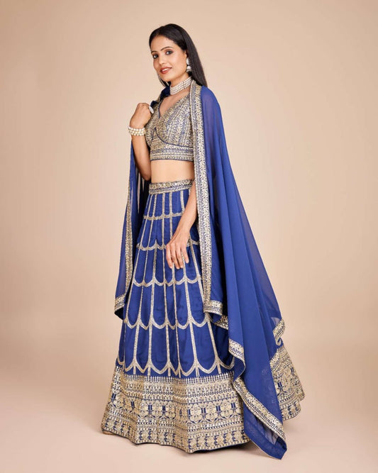 Blue Zari Pine floral Lehenga