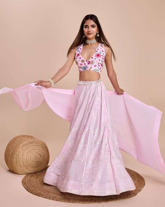 Baby Pink Tonal Sequin Lehenga With Floral Embroidered Blouse