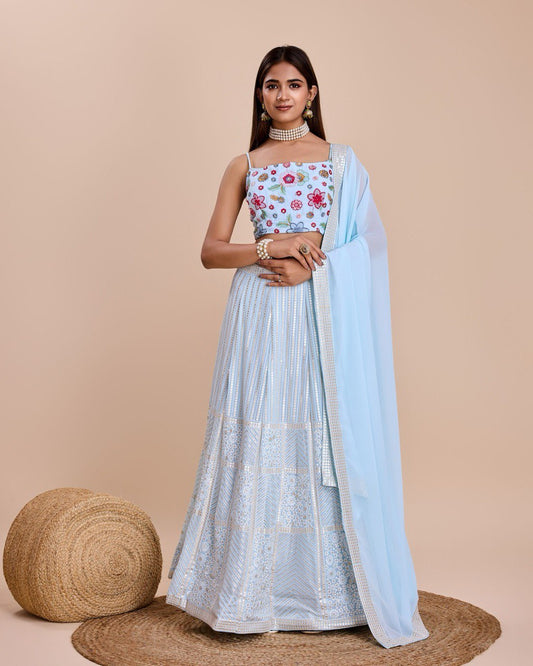 Light Blue Tonal Sequin Lehenga With Floral Embroidered Blouse