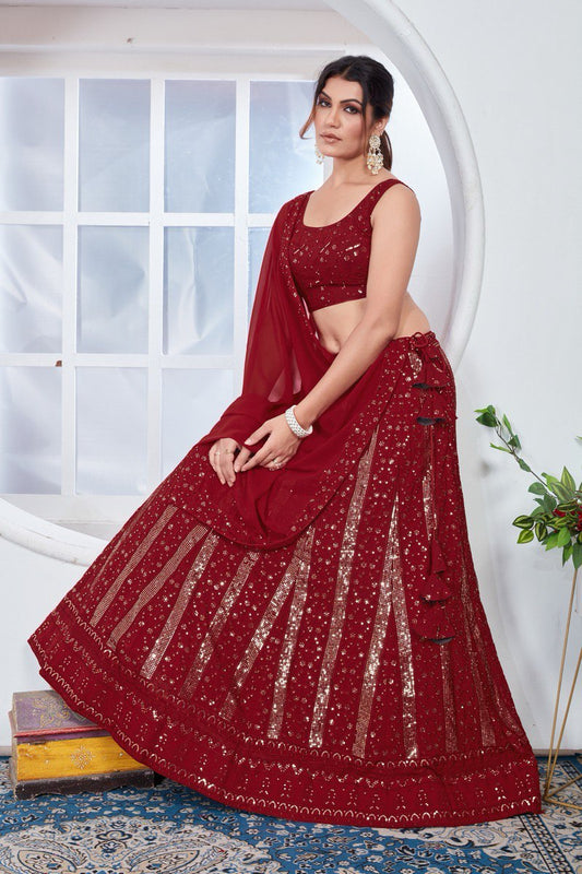 Red Tonal Work Lehenga With Sequin Embroidery