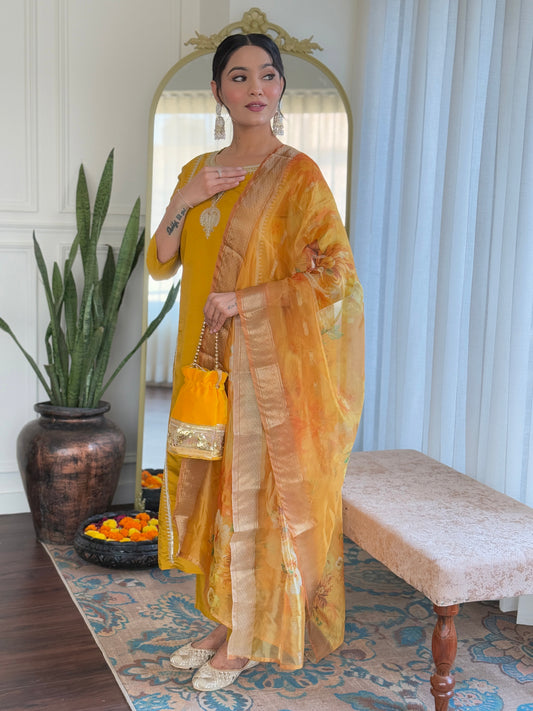 Yellow Embroidered Viscose Chanderi Fabric Straight Kurta, Pant and Dupatta Set