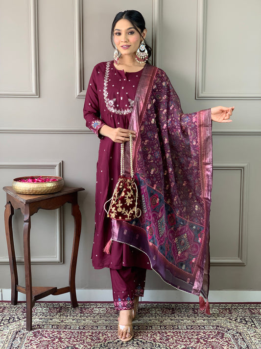 Wine Embroidered Viscose Chanderi Fabric Straight Kurta, Pant and Dupatta Set