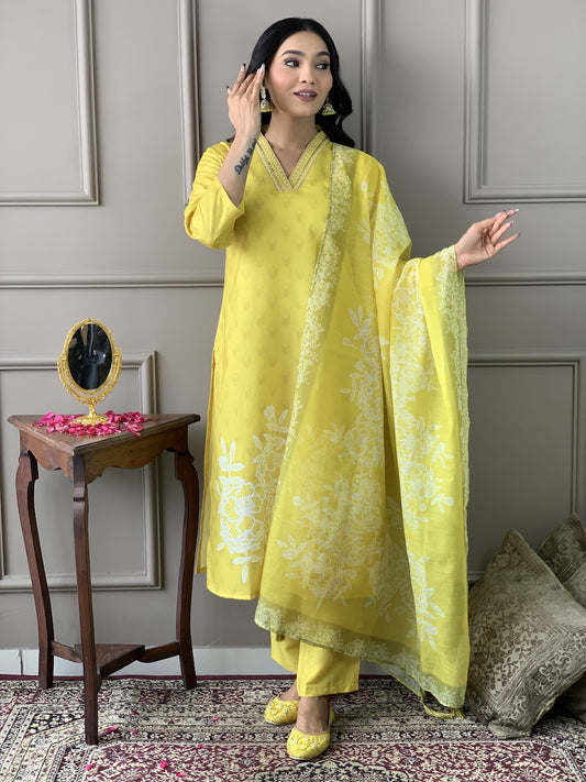 Yellow Embroidered Rayon Fabric Straight Kurta, Pant and Dupatta Set