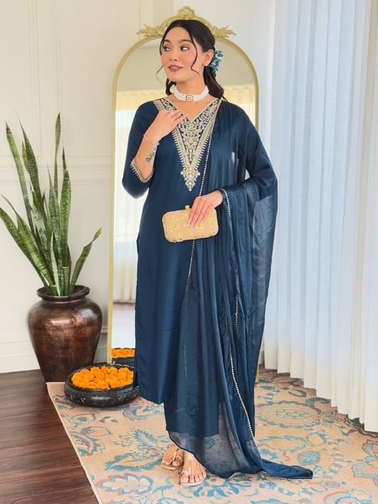 Embroidered Work Rayon Fabric Straight Kurta, Pant and Dupatta Set