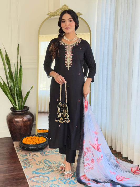 Black Embroidered Viscose Chanderi Fabric Straight Kurta, Pant and Dupatta Set