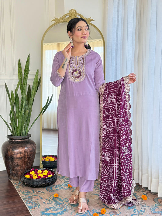 Women's Lavender Embroidered Viscose Fabric Straight Kurta, Pant and Dupatta Set