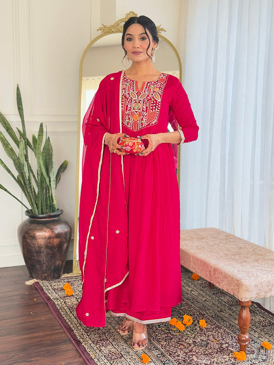 Women's Red Thread work Vichitra Silk Fabric Straight Kurta, Pant and Dupatta Set