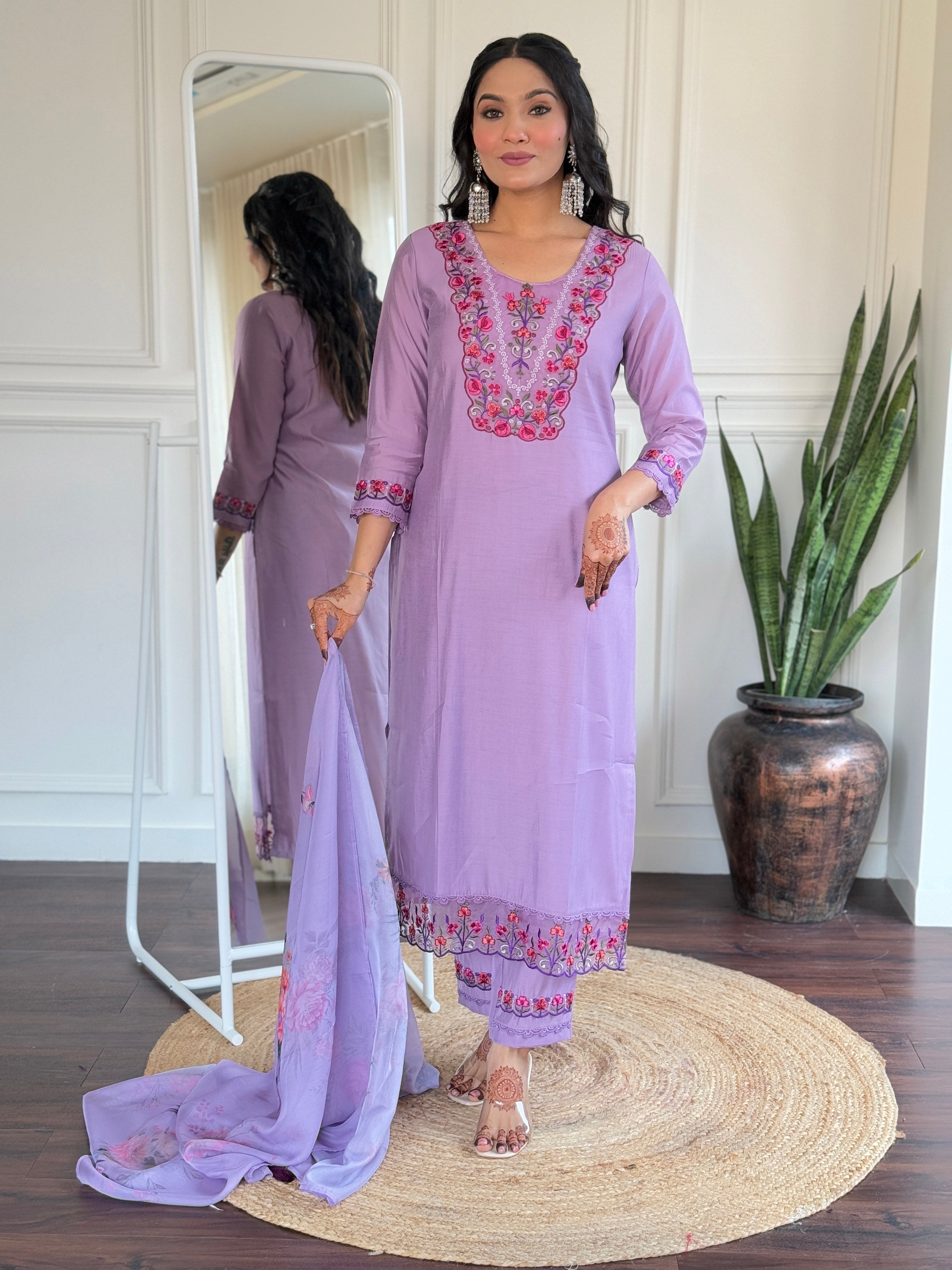Beautiful Women's Thread work Viscose Fabric Straight Kurta, Pant and Dupatta Set