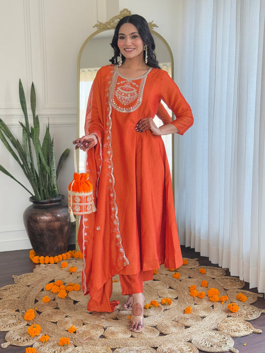 Women's Orange Embroidered Vichitra Silk Fabric Straight Kurta, Pant and Dupatta Set