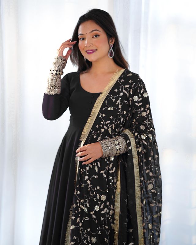 Women Georgette Anarkali Gown Duppta Full Set With Pent Ready To Wear
