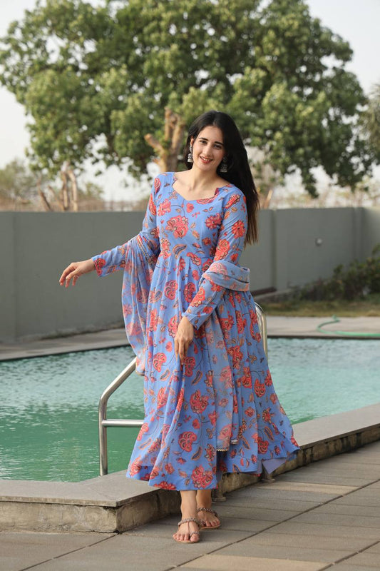 Blue Red Floral Printed Anarkali Kurta Set