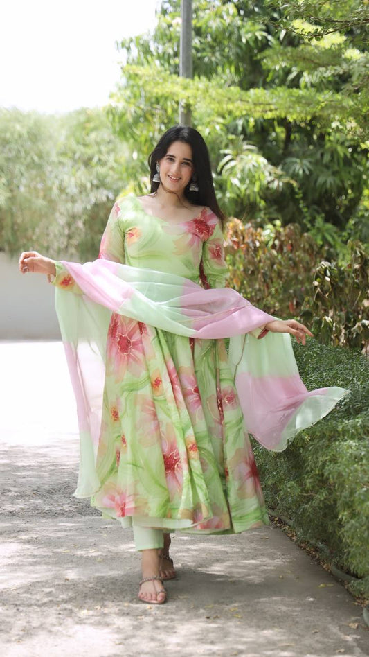 Green Floral Printed Anarkali Kurta Set