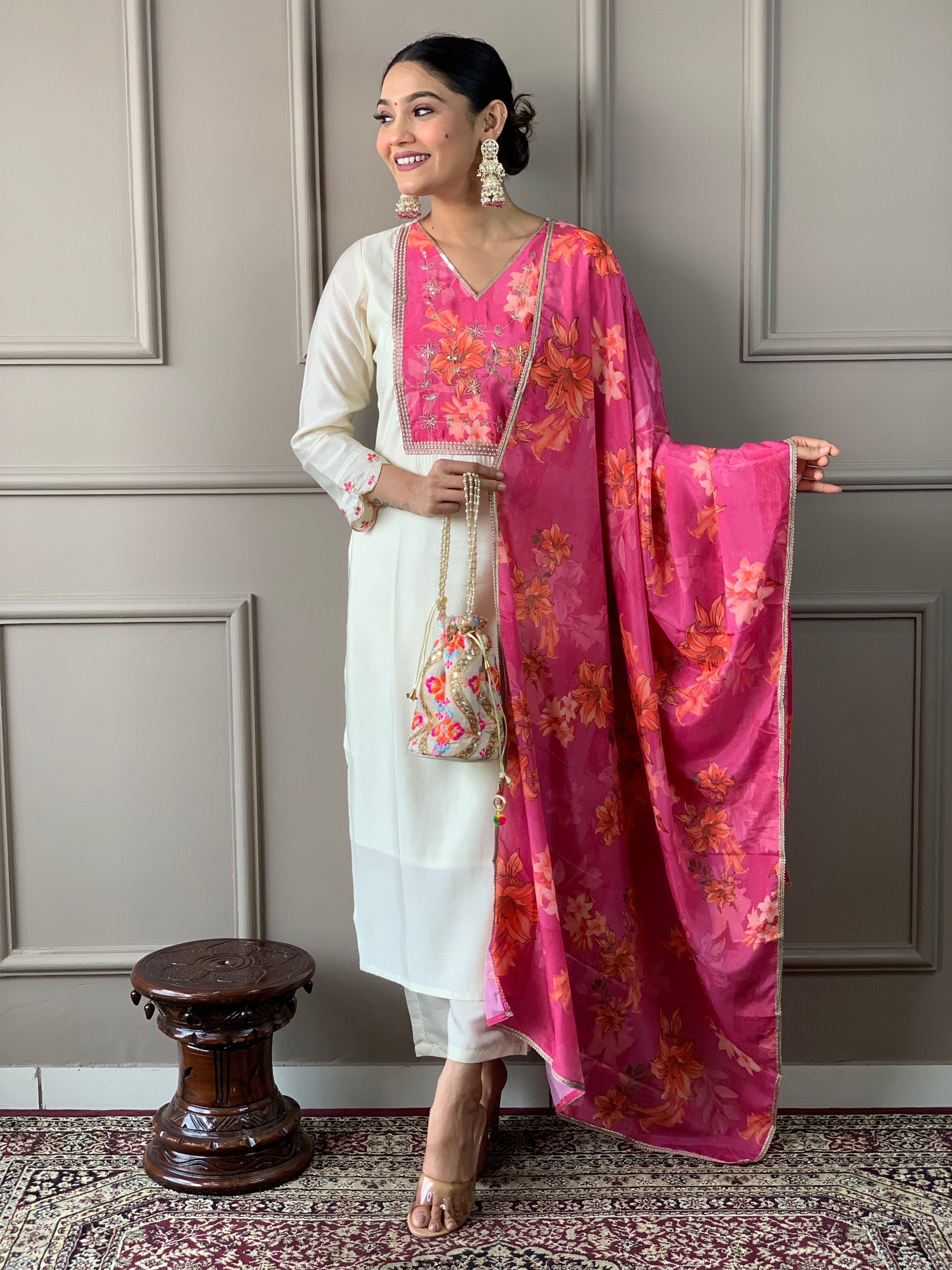 Pink Chanderi Embroidered Kurta Set