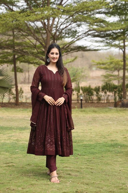 Dark Wine Embroidered Anarkali Kurta Set