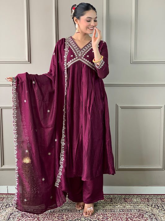 Wine Silk Embroidery Kurta