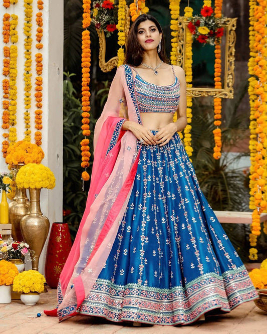 Blue Multi Color Embroidery Border Lehenga