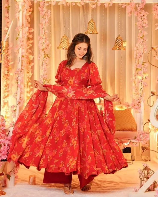 Red Floral Print Anarkali Kurta Set