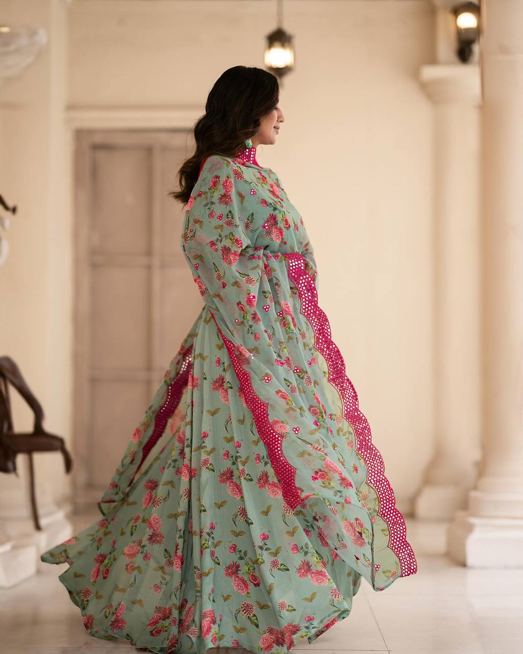 Light Blue Floral Printed Anarkali Kurta Set