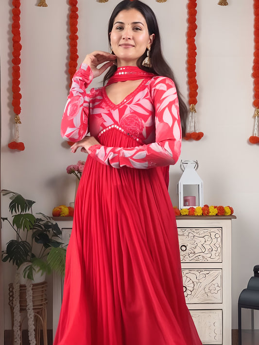 Red Printed floral A-Line Kurta Set