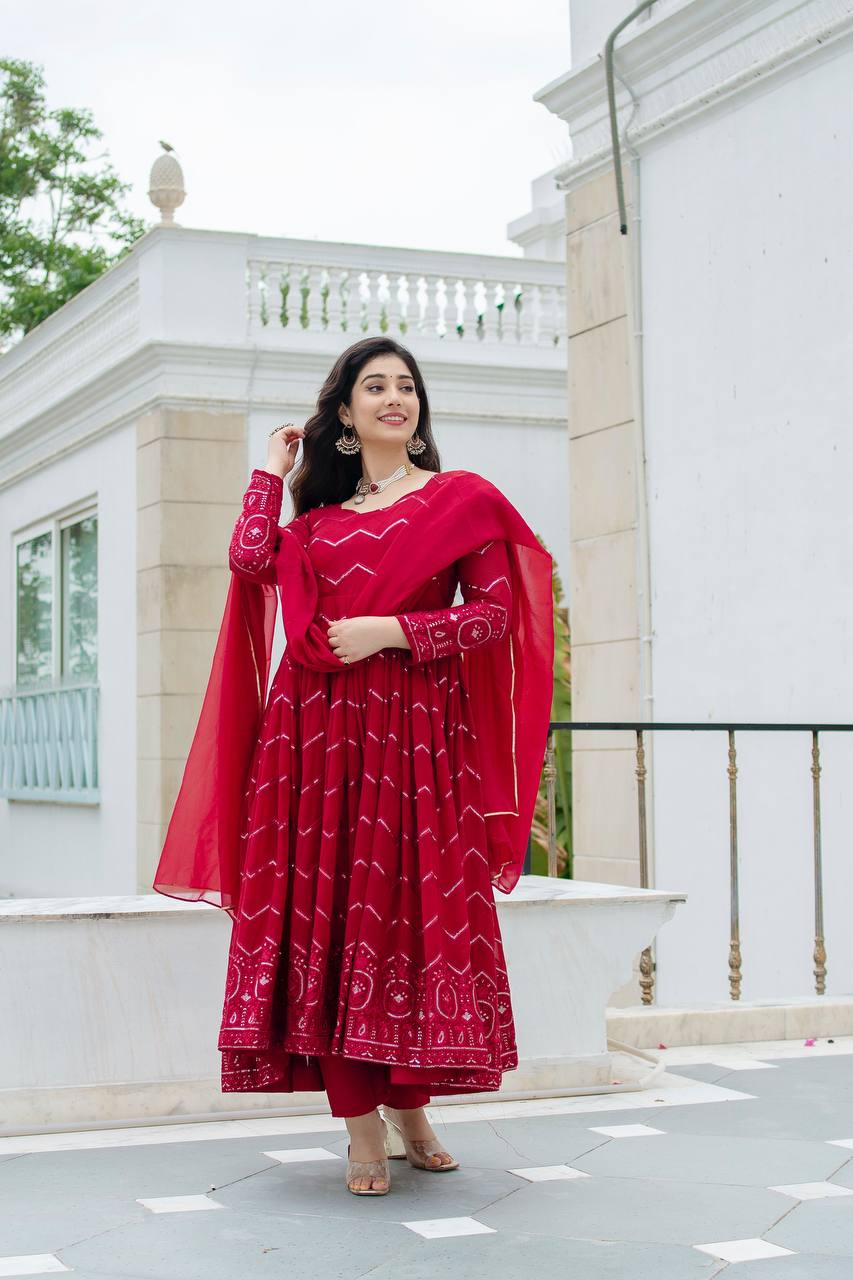 Maroon Tonal Embroidered Anarkali Kurta Set